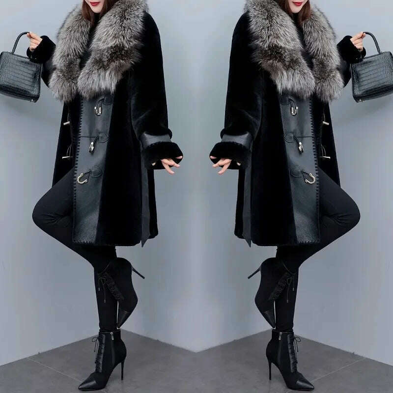 KIMLUD, High-grade Luxury Fox Fur Collar Jacket Women's 2023 New Winter Temperament Fashion Fur Coats Black Female Warm Parkas Overcoat, KIMLUD Womens Clothes