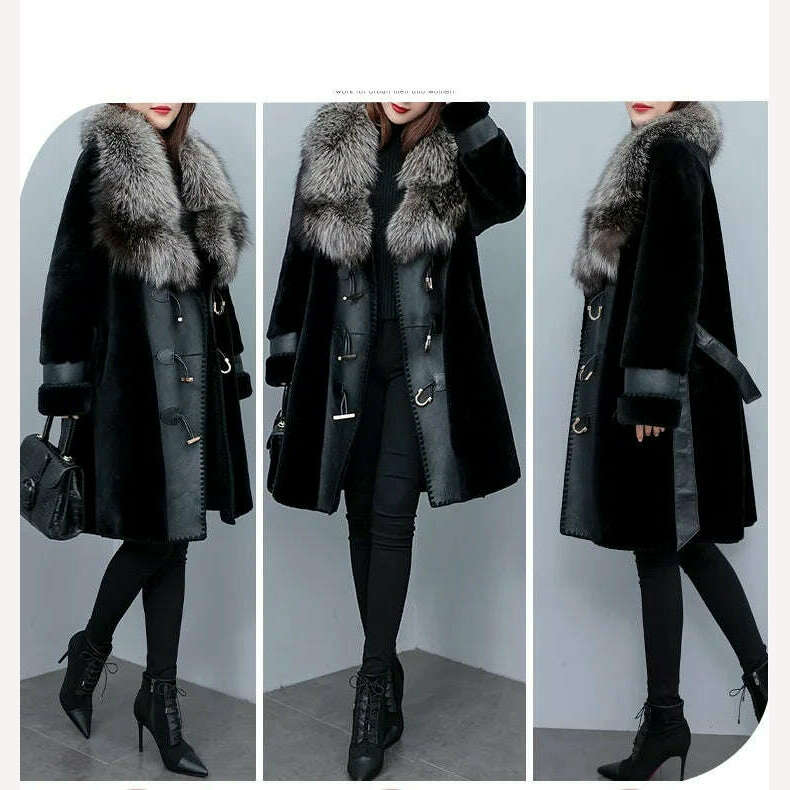 KIMLUD, High-grade Luxury Fox Fur Collar Jacket Women's 2023 New Winter Temperament Fashion Fur Coats Black Female Warm Parkas Overcoat, KIMLUD Womens Clothes