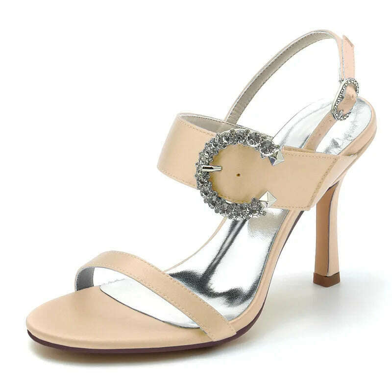 KIMLUD, High Heel Wedding Sandals Shoes Women Open Toe Ankle Buckle Strap Satin Evening Formal Bridal Party Dress Heeled Sandals Summer, Champagne / 6, KIMLUD APPAREL - Womens Clothes