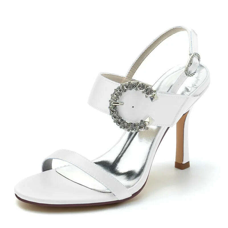 KIMLUD, High Heel Wedding Sandals Shoes Women Open Toe Ankle Buckle Strap Satin Evening Formal Bridal Party Dress Heeled Sandals Summer, WHITE / 11.5, KIMLUD APPAREL - Womens Clothes