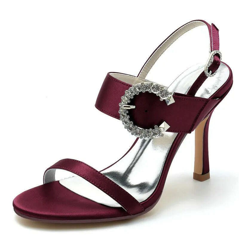 KIMLUD, High Heel Wedding Sandals Shoes Women Open Toe Ankle Buckle Strap Satin Evening Formal Bridal Party Dress Heeled Sandals Summer, wine red / 6, KIMLUD APPAREL - Womens Clothes