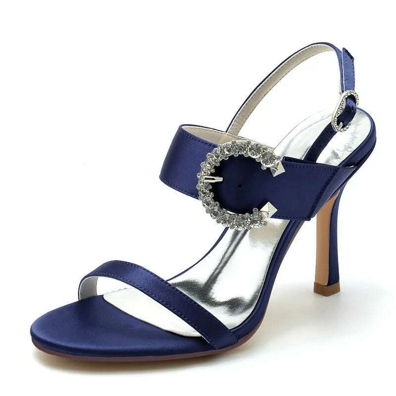 KIMLUD, High Heel Wedding Sandals Shoes Women Open Toe Ankle Buckle Strap Satin Evening Formal Bridal Party Dress Heeled Sandals Summer, Navy Blue / 6, KIMLUD APPAREL - Womens Clothes