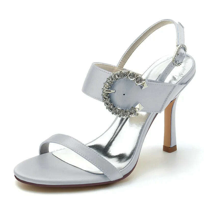 KIMLUD, High Heel Wedding Sandals Shoes Women Open Toe Ankle Buckle Strap Satin Evening Formal Bridal Party Dress Heeled Sandals Summer, Silver / 6, KIMLUD APPAREL - Womens Clothes