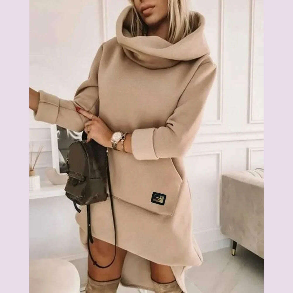 KIMLUD, High Neck Long Sleeve Sweatshirt Casual Dress Women Autumn Winter Hoodie Fashion Loose Mini Dress Pockets, KIMLUD Womens Clothes