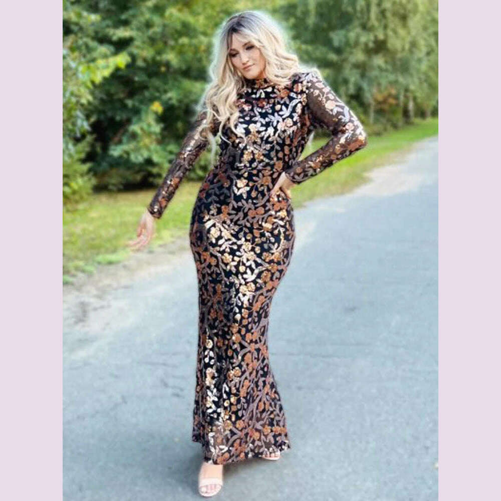 High Neck Luxury Full Sleeve Sequined Flowers Cocktail Prom Gown Bodycon Mermaid Long Celebrity Evening Party Dress Women 2024 - KIMLUD