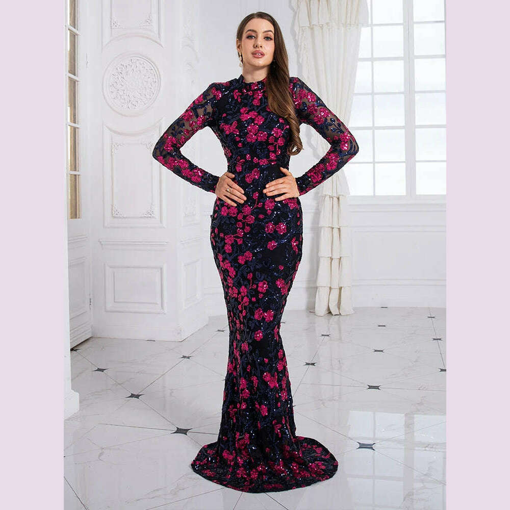 KIMLUD, High Neck Luxury Full Sleeve Sequined Flowers Cocktail Prom Gown Bodycon Mermaid Long Celebrity Evening Party Dress Women 2024, KIMLUD Womens Clothes