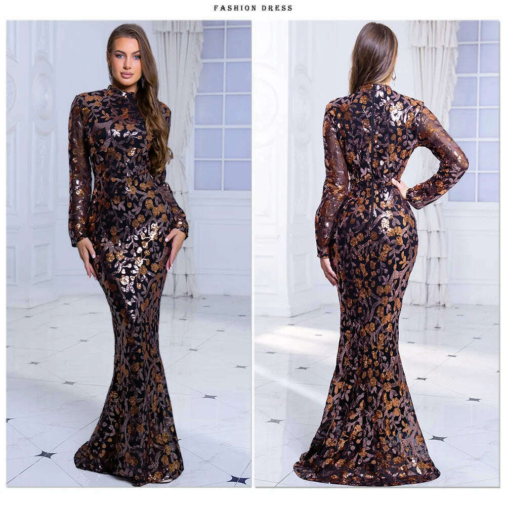 KIMLUD, High Neck Luxury Full Sleeve Sequined Flowers Cocktail Prom Gown Bodycon Mermaid Long Celebrity Evening Party Dress Women 2024, KIMLUD Womens Clothes