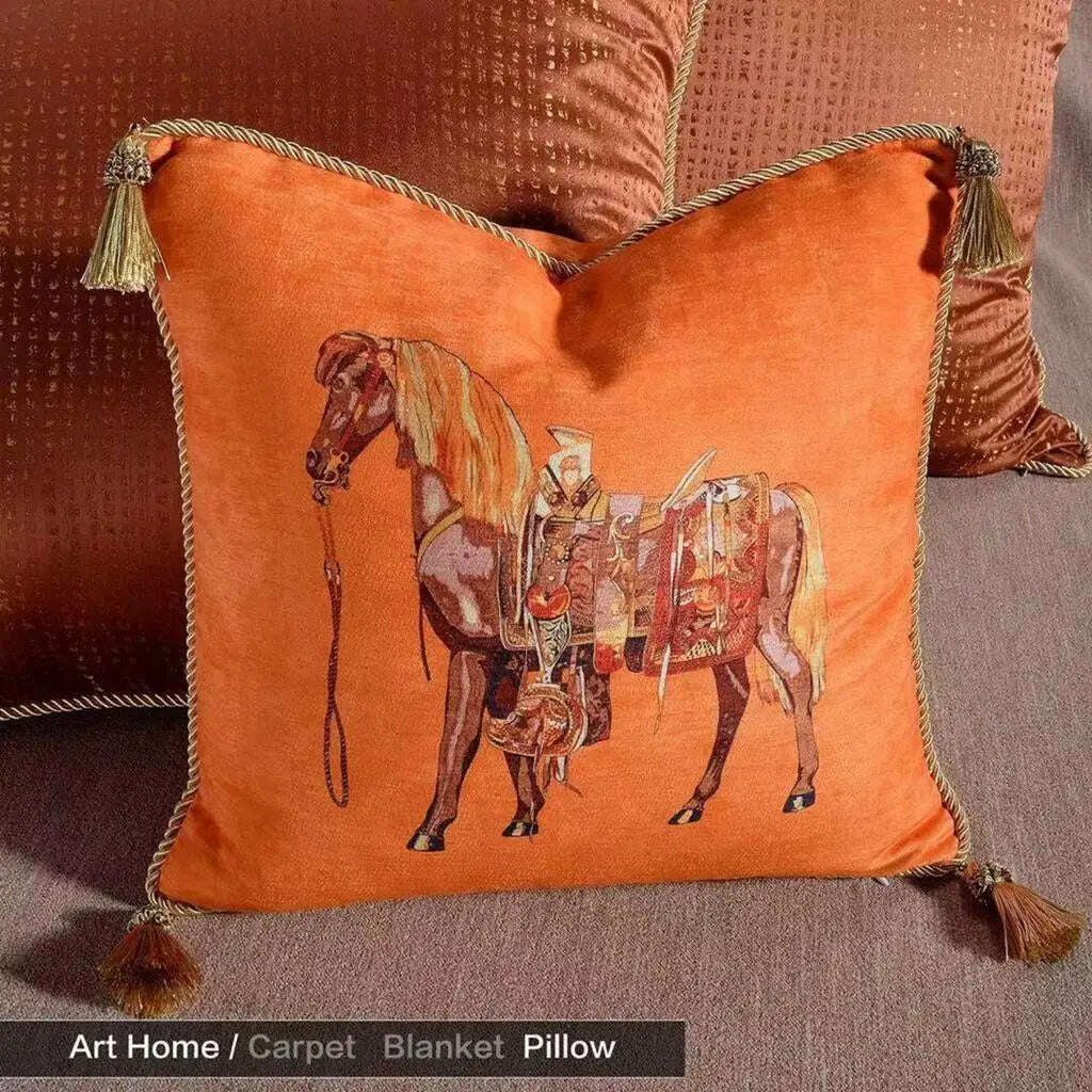 KIMLUD, High Precision Velvet Fabric Luxury Orange Horse Series Home Sofa Cushion Cover Pillowcase Without Core for Living Room Bedroom, 45x45cm / Chenille Art Horse, KIMLUD APPAREL - Womens Clothes