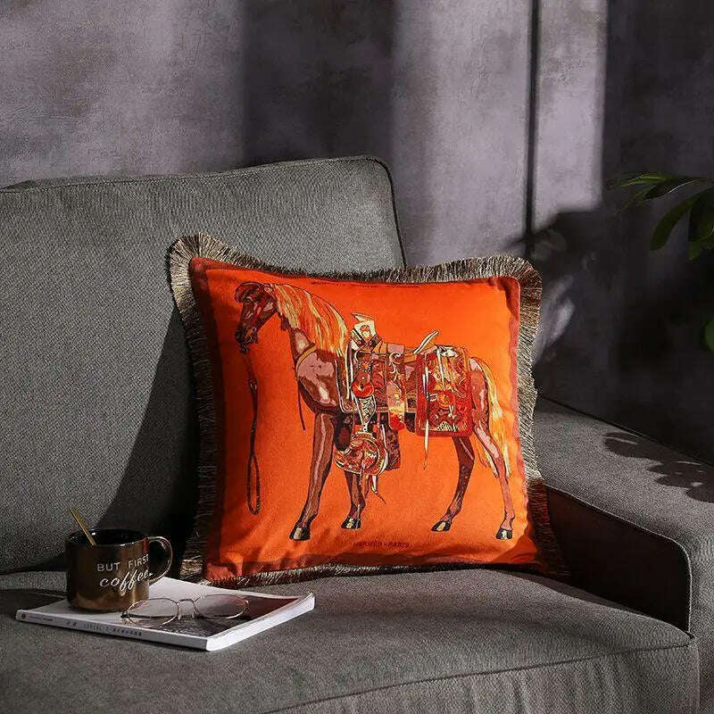 KIMLUD, High Precision Velvet Fabric Luxury Orange Horse Series Home Sofa Cushion Cover Pillowcase Without Core for Living Room Bedroom, 45x45cm / Velvet Horse, KIMLUD APPAREL - Womens Clothes