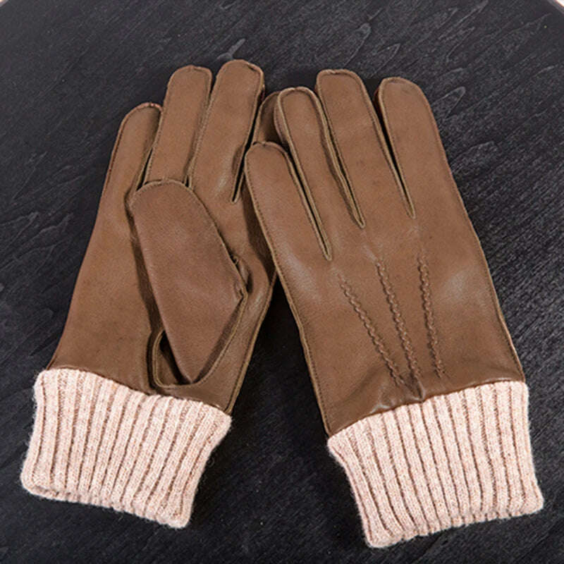 KIMLUD, High Quality Autumn Winter Men 100% Geniune Sheepskin Leather Gloves Warm Male Windproof Driving Mittens S2614, Camel / S, KIMLUD APPAREL - Womens Clothes