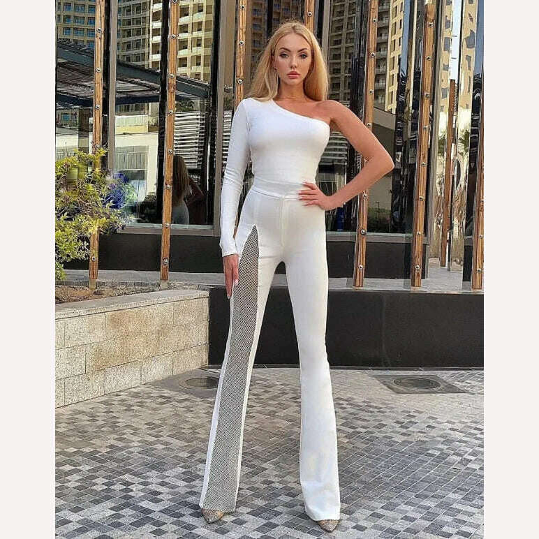 KIMLUD, High Quality Black Red Blue One Shoulder Long Sleeve Rayon Bandage Jumpsuit Sexy Bodycon Celebrity Party Jumpsuits Vestidos, White / XS, KIMLUD APPAREL - Womens Clothes