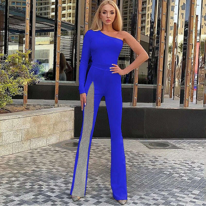 KIMLUD, High Quality Black Red Blue One Shoulder Long Sleeve Rayon Bandage Jumpsuit Sexy Bodycon Celebrity Party Jumpsuits Vestidos, Blue / XS, KIMLUD APPAREL - Womens Clothes