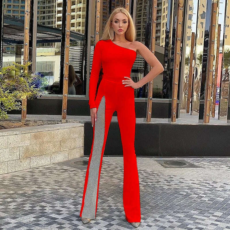 KIMLUD, High Quality Black Red Blue One Shoulder Long Sleeve Rayon Bandage Jumpsuit Sexy Bodycon Celebrity Party Jumpsuits Vestidos, Red / XS, KIMLUD APPAREL - Womens Clothes