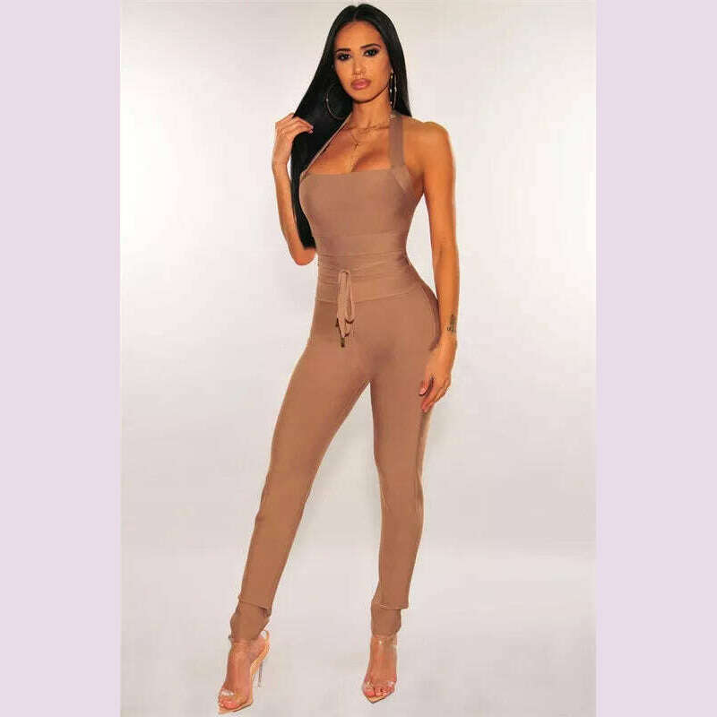 KIMLUD, High Quality Black Women Turtleneck Neck Rayon Bandage Jumpsuit Sexy Bodycon Celebrity Party Jumpsuits Vestidos, Khaki / XS, KIMLUD APPAREL - Womens Clothes