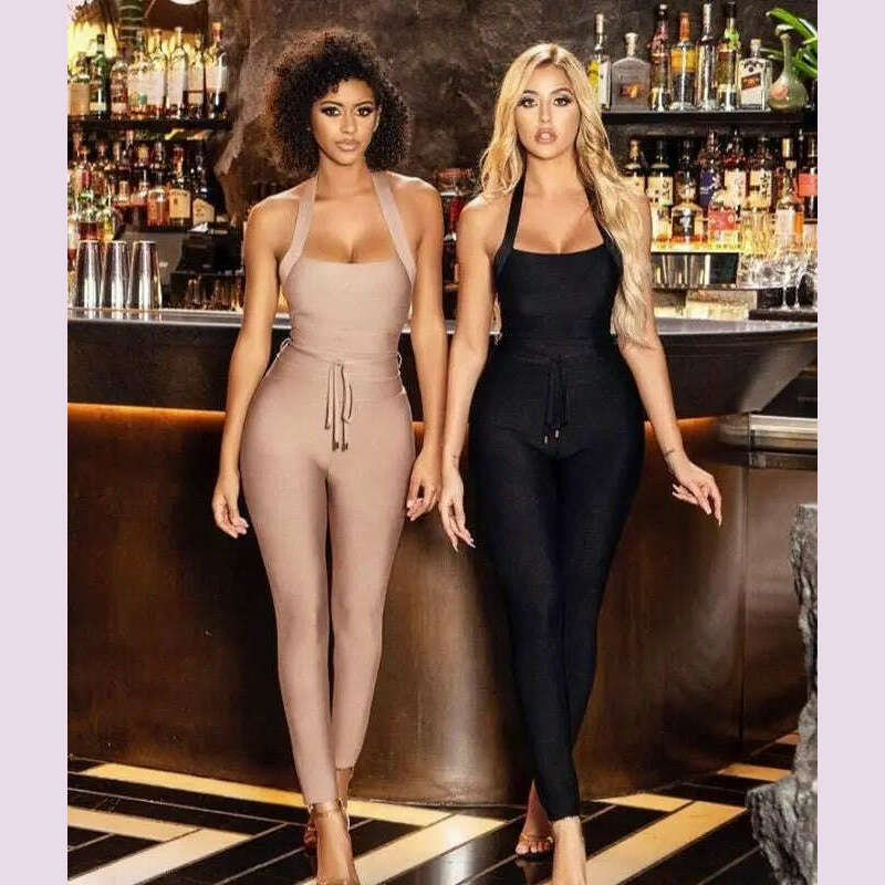 KIMLUD, High Quality Black Women Turtleneck Neck Rayon Bandage Jumpsuit Sexy Bodycon Celebrity Party Jumpsuits Vestidos, KIMLUD Womens Clothes