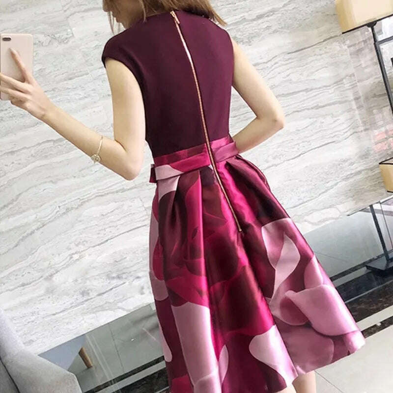 KIMLUD, High Quality Boutique Print Women Summer Sleeveless Bow Zippler Fashion Temperment Elegant Designer Runway Party Holiday Dresses, KIMLUD Womens Clothes