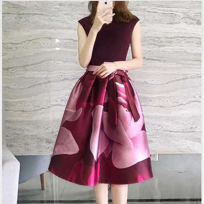 KIMLUD, High Quality Boutique Print Women Summer Sleeveless Bow Zippler Fashion Temperment Elegant Designer Runway Party Holiday Dresses, KIMLUD Womens Clothes