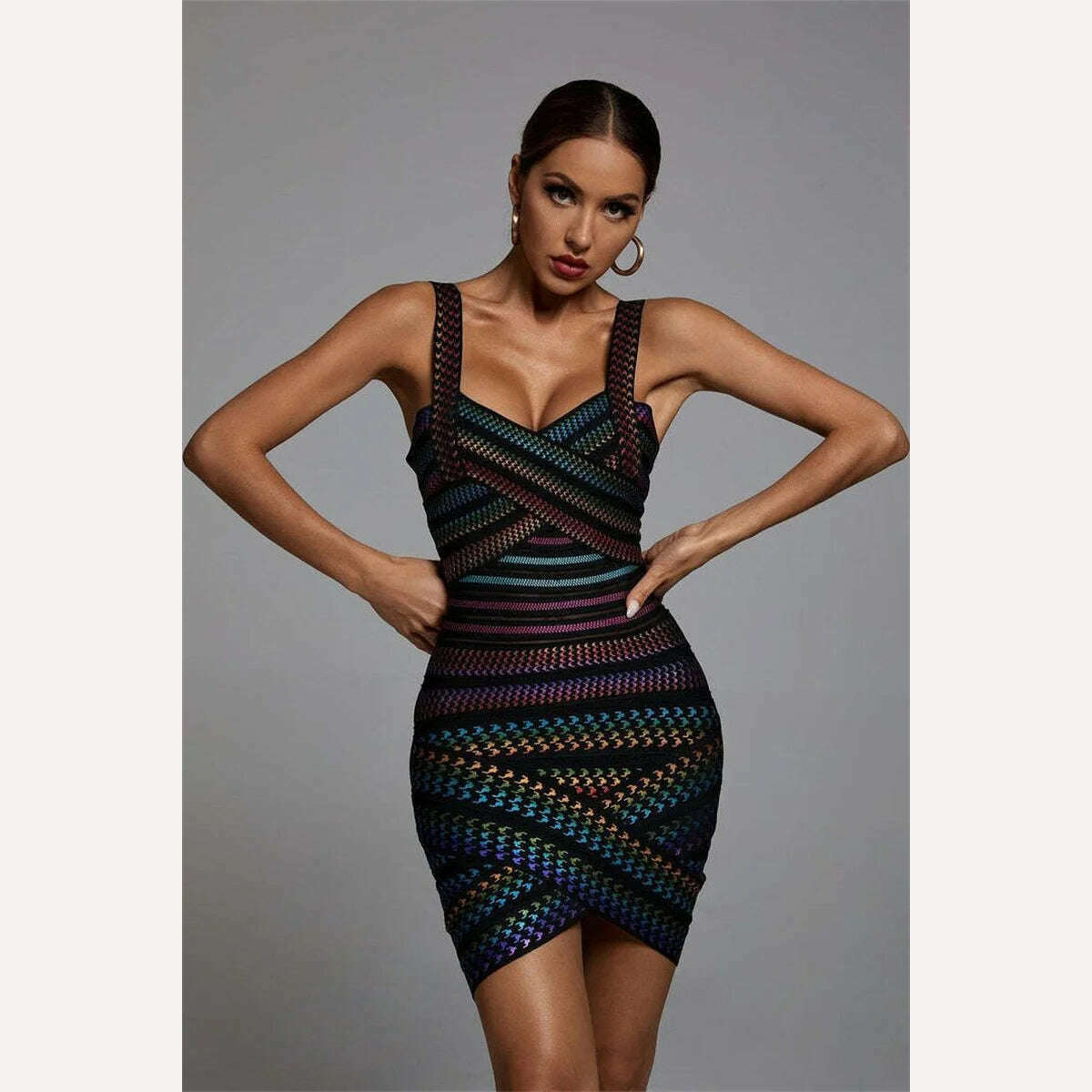 High Quality Celebrity Colorful Striped Foiling Print Rayon Bandage Dress Bodycon Evening Party Dress - KIMLUD