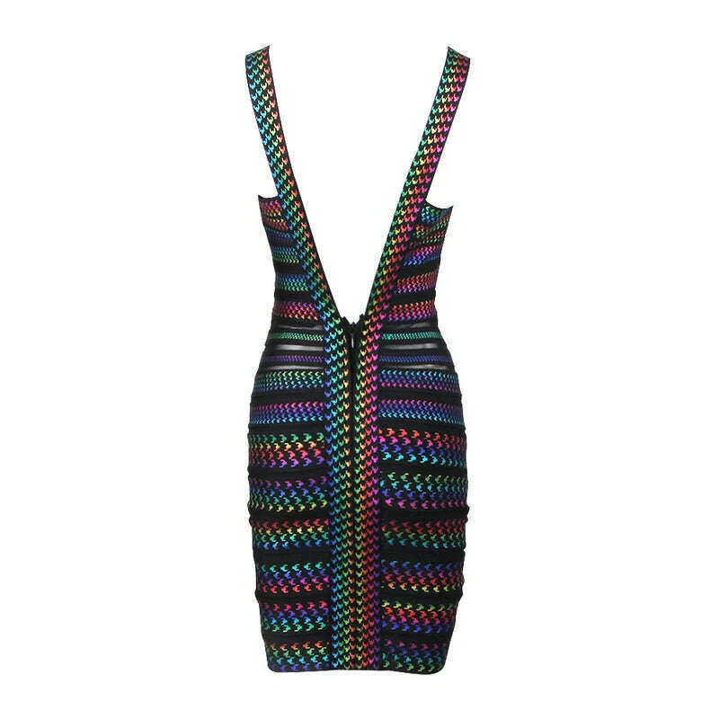 High Quality Celebrity Colorful Striped Foiling Print Rayon Bandage Dress Bodycon Evening Party Dress - KIMLUD