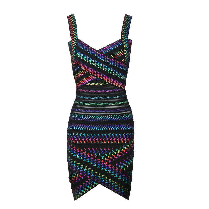 KIMLUD, High Quality Celebrity Colorful Striped Foiling Print Rayon Bandage Dress Bodycon Evening Party Dress, PURPLE / XS, KIMLUD APPAREL - Womens Clothes