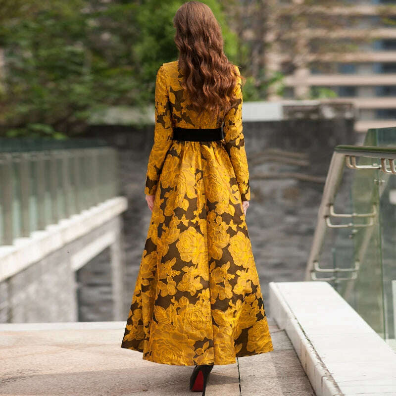 KIMLUD, High Quality Elegant Women Floral Long Sleeves Long Maxi Dress Party Gorgeou flower Boho Jacquard Vintage Dress Fall, KIMLUD Womens Clothes