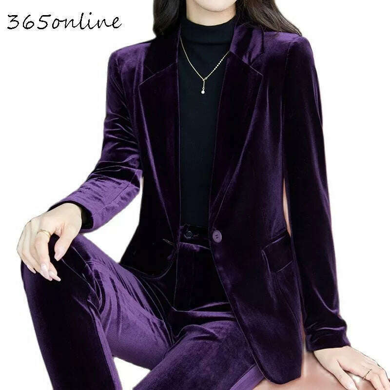 High Quality Fabric Velvet Formal Women Business Suits OL Styles Professional Pantsuits Office Work Wear Autumn Winter Blazers - KIMLUD