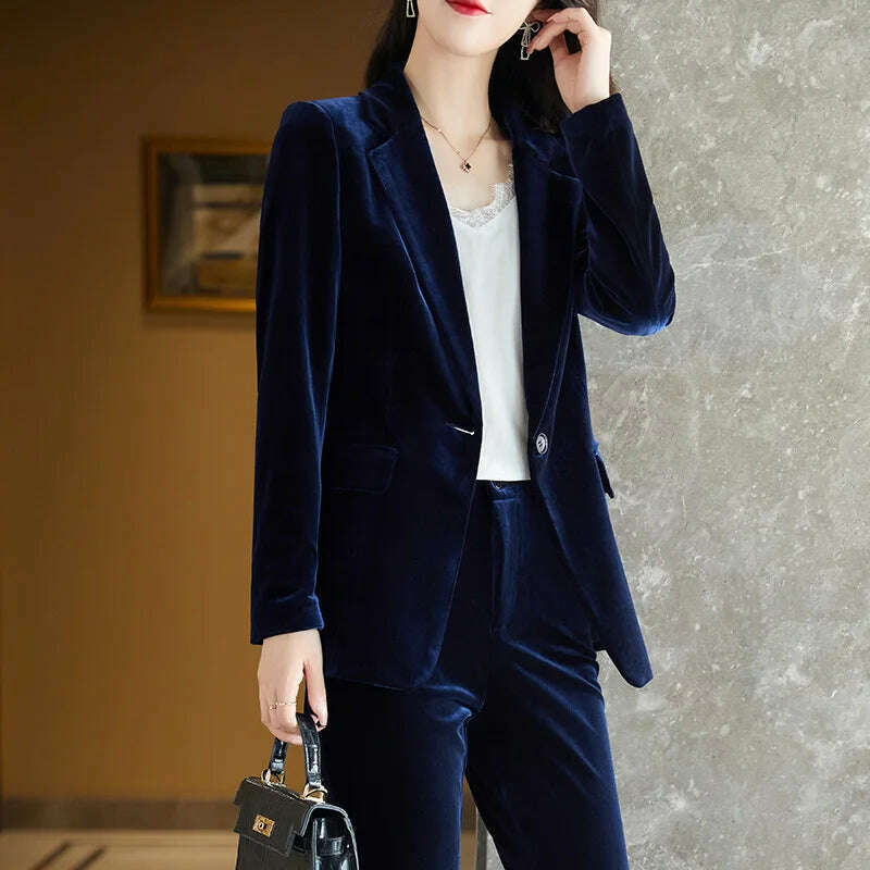 High Quality Fabric Velvet Formal Women Business Suits OL Styles Professional Pantsuits Office Work Wear Autumn Winter Blazers - KIMLUD