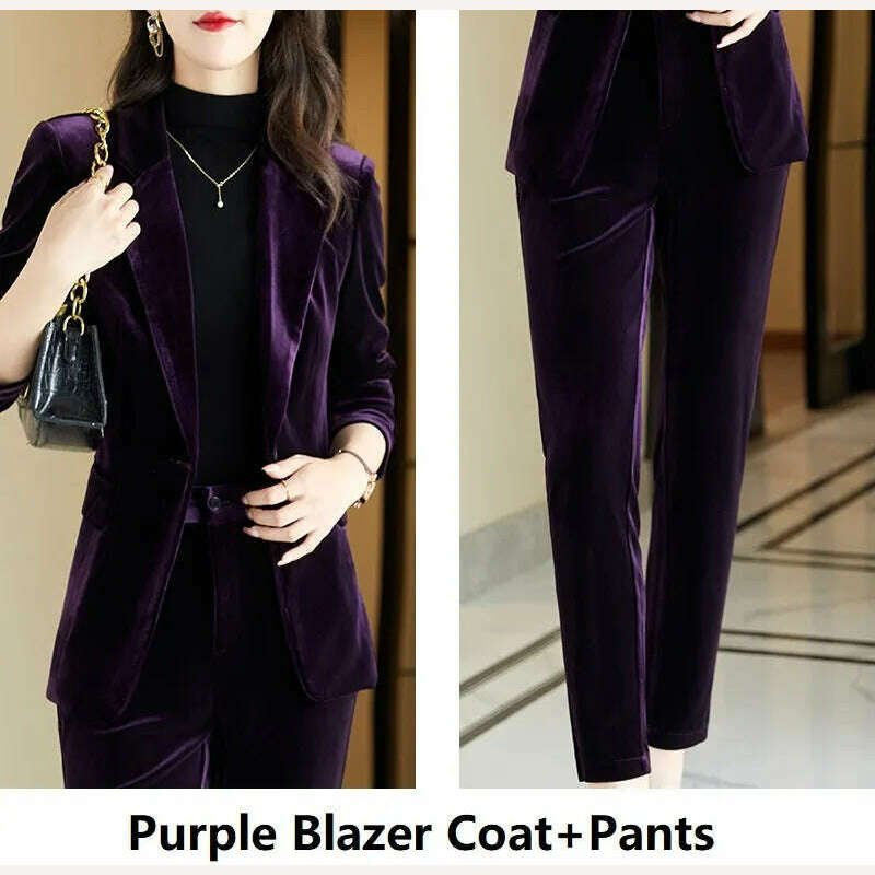 KIMLUD, High Quality Fabric Velvet Formal Women Business Suits OL Styles Professional Pantsuits Office Work Wear Autumn Winter Blazers, Purple Pantsuits / S, KIMLUD APPAREL - Womens Clothes