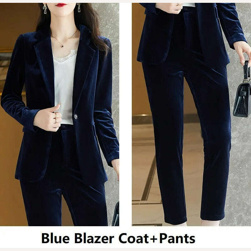 KIMLUD, High Quality Fabric Velvet Formal Women Business Suits OL Styles Professional Pantsuits Office Work Wear Autumn Winter Blazers, Blue Pantsuits / S, KIMLUD APPAREL - Womens Clothes