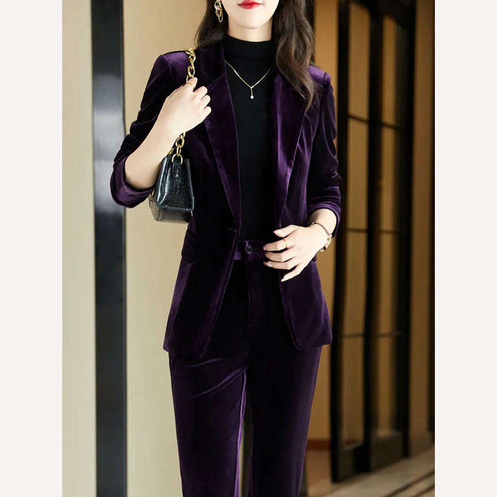 High Quality Fabric Velvet Formal Women Business Suits OL Styles Professional Pantsuits Office Work Wear Autumn Winter Blazers - KIMLUD