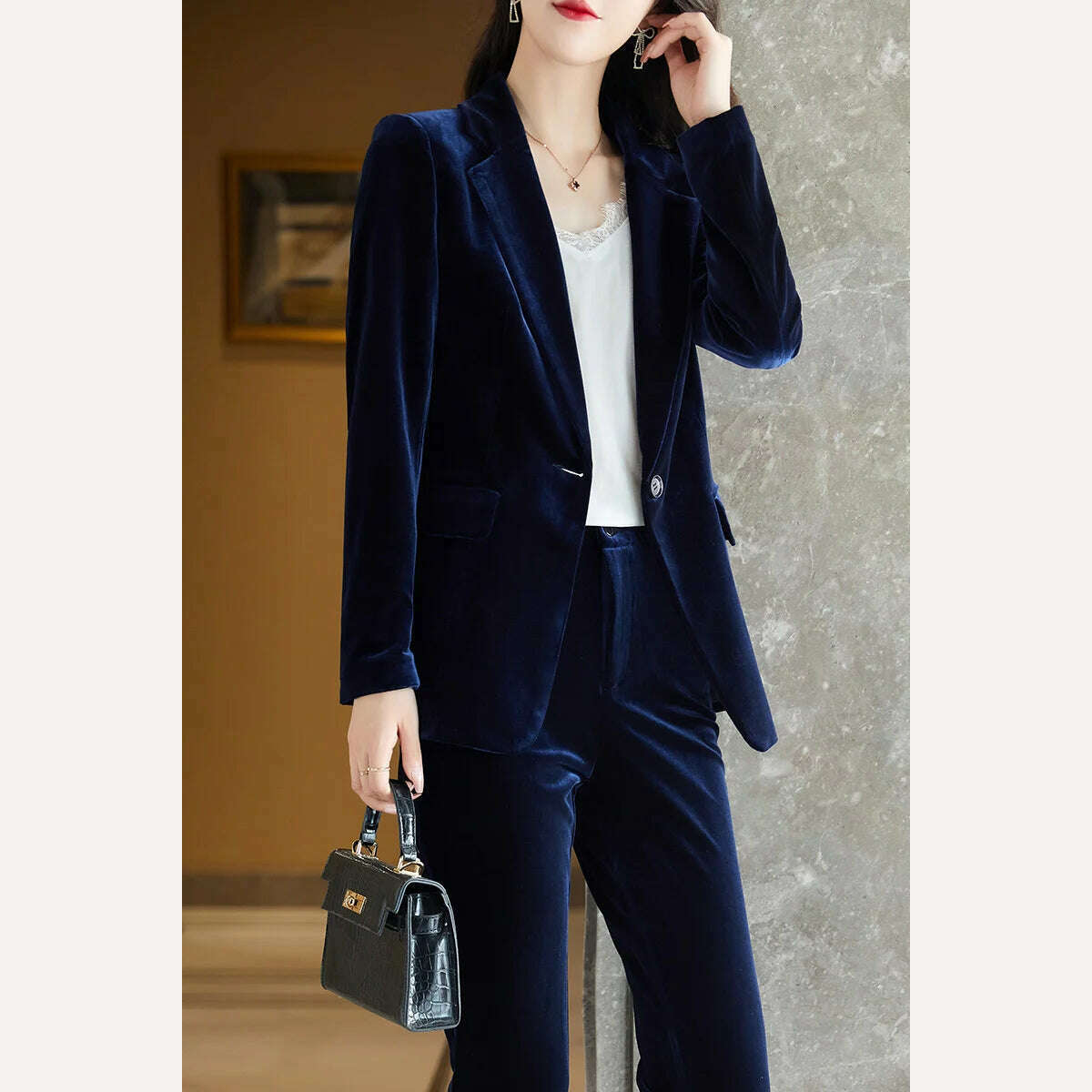 High Quality Fabric Velvet Formal Women Business Suits OL Styles Professional Pantsuits Office Work Wear Autumn Winter Blazers - KIMLUD