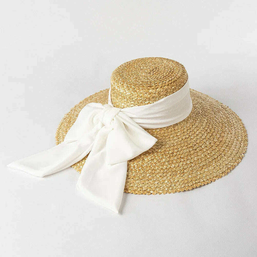 KIMLUD, High-quality hand-knitted petal Wheat Straw flat top large eaves basin hat women's fashion big bow beach sun shade straw hat, white / 56-58cm, KIMLUD APPAREL - Womens Clothes