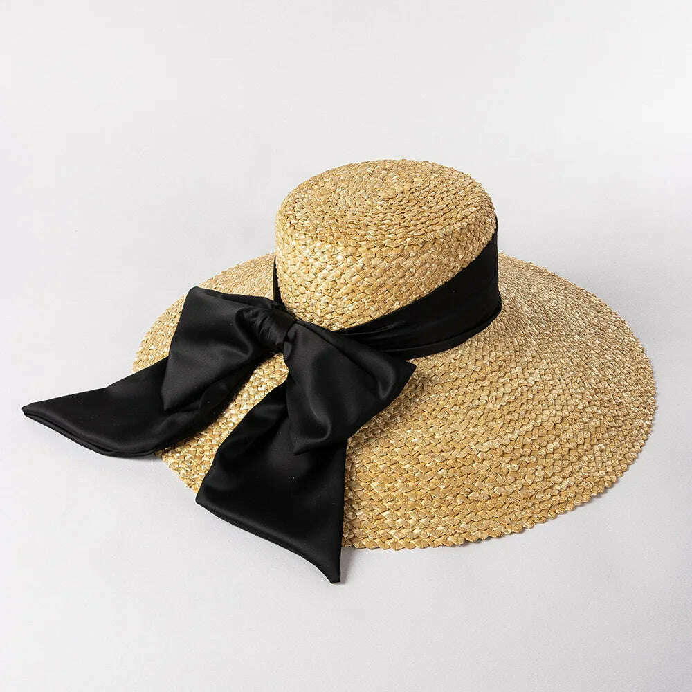 KIMLUD, High-quality hand-knitted petal Wheat Straw flat top large eaves basin hat women's fashion big bow beach sun shade straw hat, black / 56-58cm, KIMLUD APPAREL - Womens Clothes