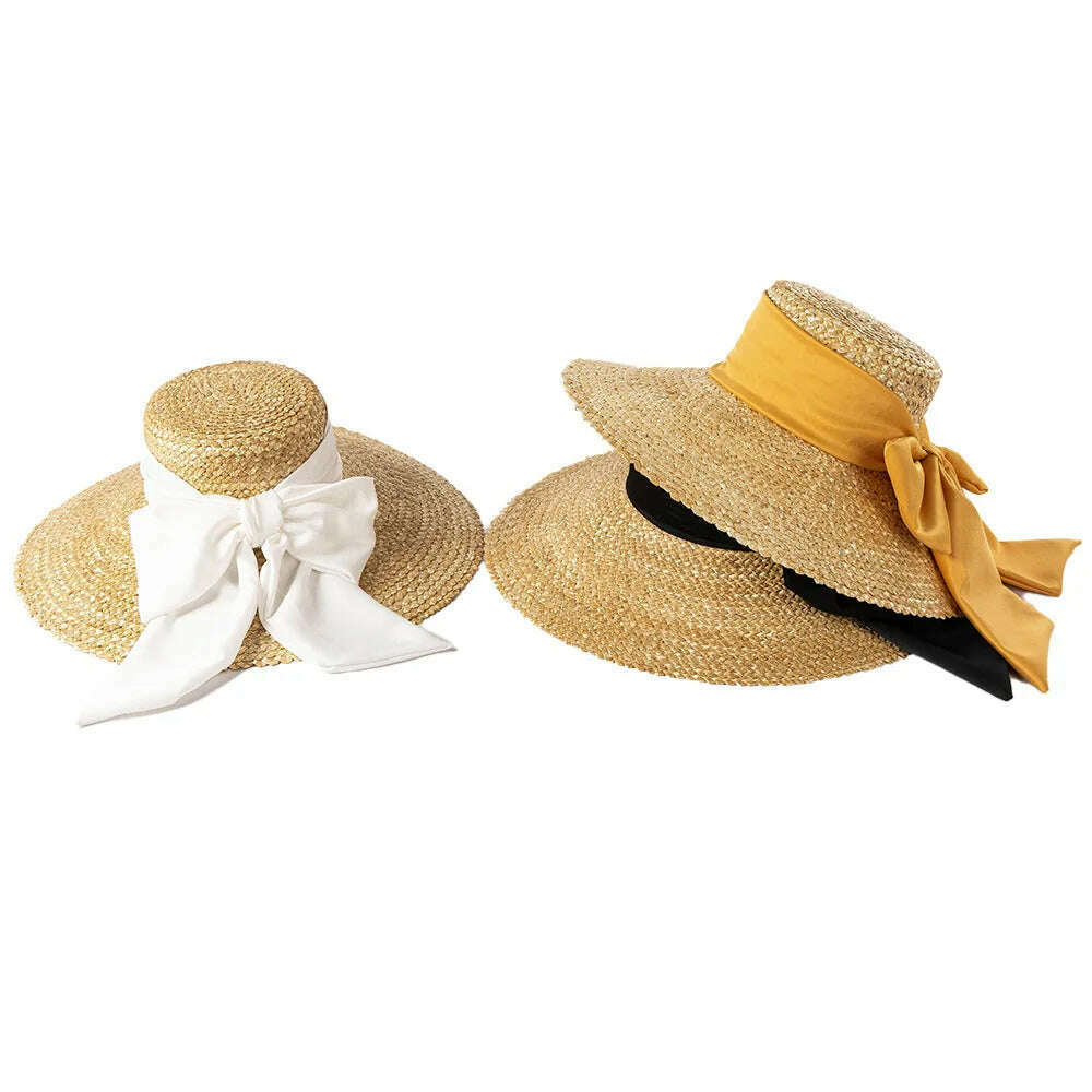 KIMLUD, High-quality hand-knitted petal Wheat Straw flat top large eaves basin hat women's fashion big bow beach sun shade straw hat, KIMLUD Womens Clothes