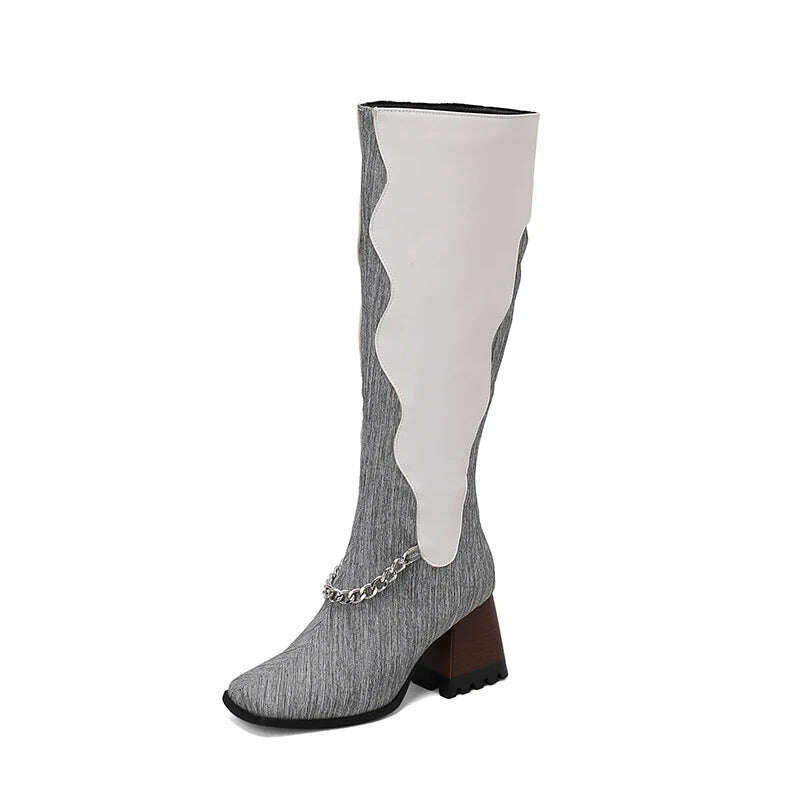 KIMLUD, High Quality Leather Boots for Women Fashion Thick High Heels Chain Zip Knee High Boots Non-slip Cozy Felt Lining Women's Boots, GRAY / 43, KIMLUD APPAREL - Womens Clothes