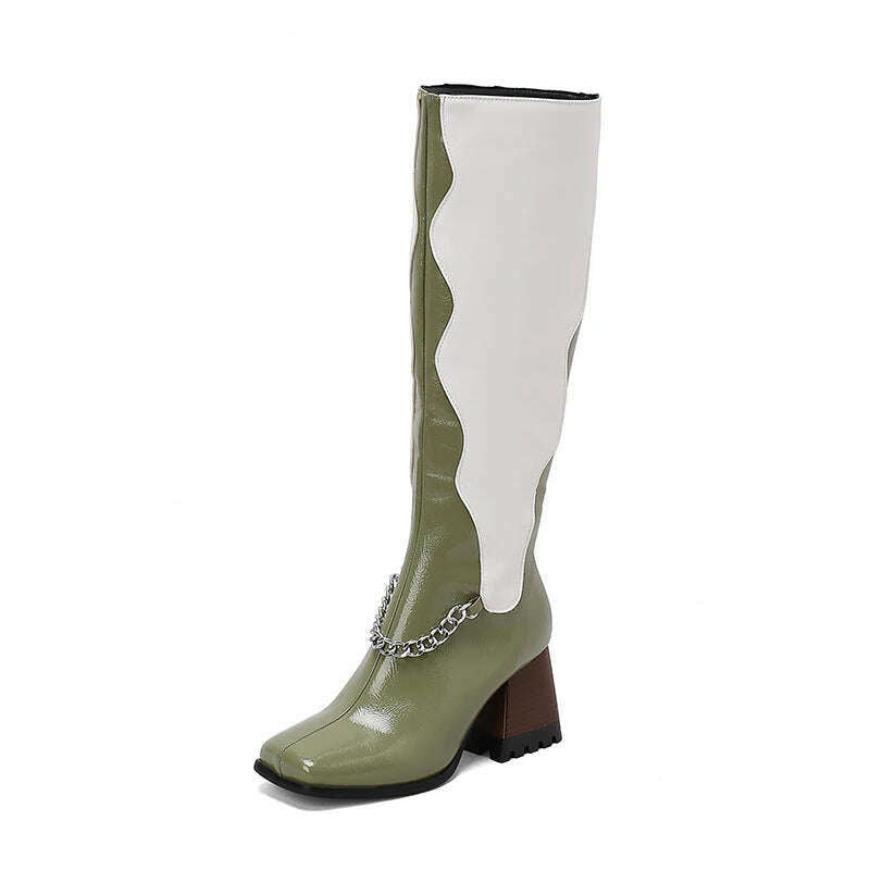 KIMLUD, High Quality Leather Boots for Women Fashion Thick High Heels Chain Zip Knee High Boots Non-slip Cozy Felt Lining Women's Boots, Green / 38, KIMLUD APPAREL - Womens Clothes