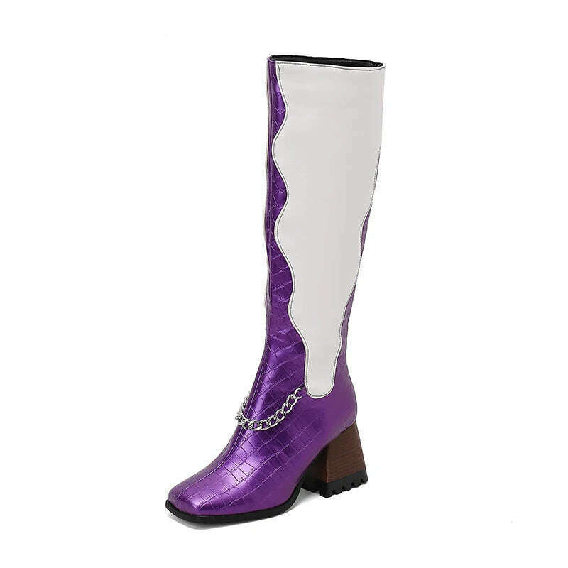 KIMLUD, High Quality Leather Boots for Women Fashion Thick High Heels Chain Zip Knee High Boots Non-slip Cozy Felt Lining Women's Boots, PURPLE / 41, KIMLUD APPAREL - Womens Clothes