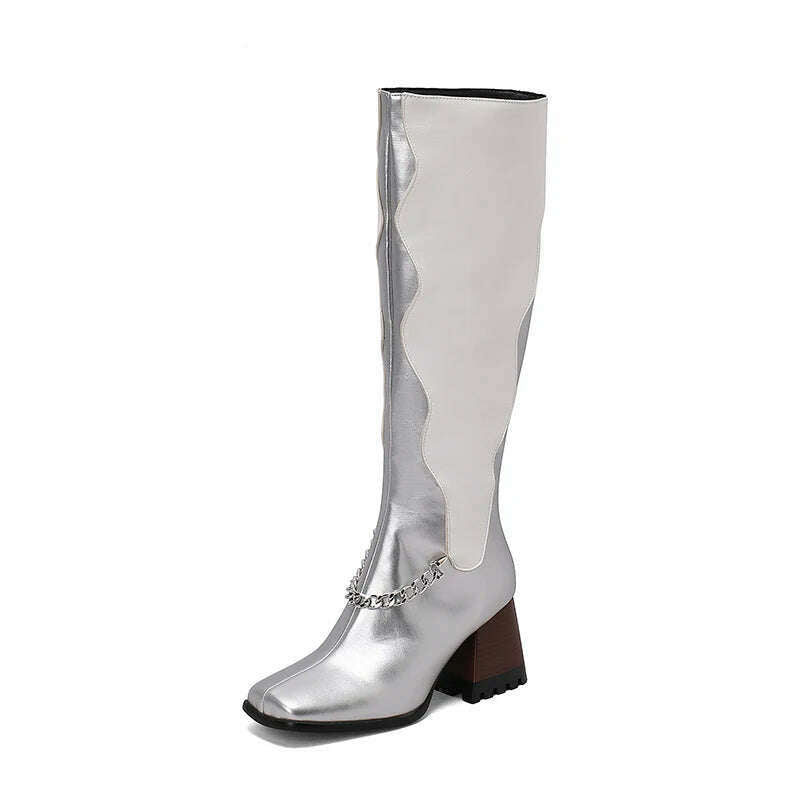 KIMLUD, High Quality Leather Boots for Women Fashion Thick High Heels Chain Zip Knee High Boots Non-slip Cozy Felt Lining Women's Boots, Silver / 36, KIMLUD APPAREL - Womens Clothes