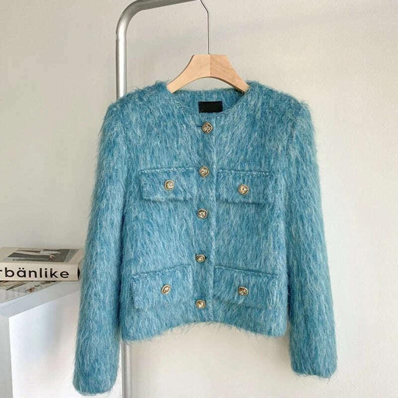 KIMLUD, High Quality Luxury Blue Woolen Jacket Coat 2023 New Autumn Winter Women O Neck Single Breasted Thick Warm Short Outwear Fashion, SKY BLUE / S / CHINA, KIMLUD APPAREL - Womens Clothes