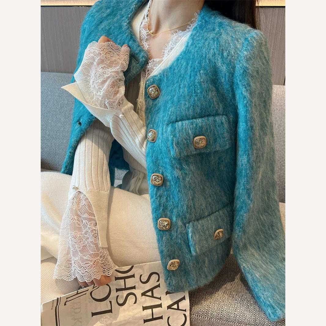 KIMLUD, High Quality Luxury Blue Woolen Jacket Coat 2023 New Autumn Winter Women O Neck Single Breasted Thick Warm Short Outwear Fashion, KIMLUD Womens Clothes