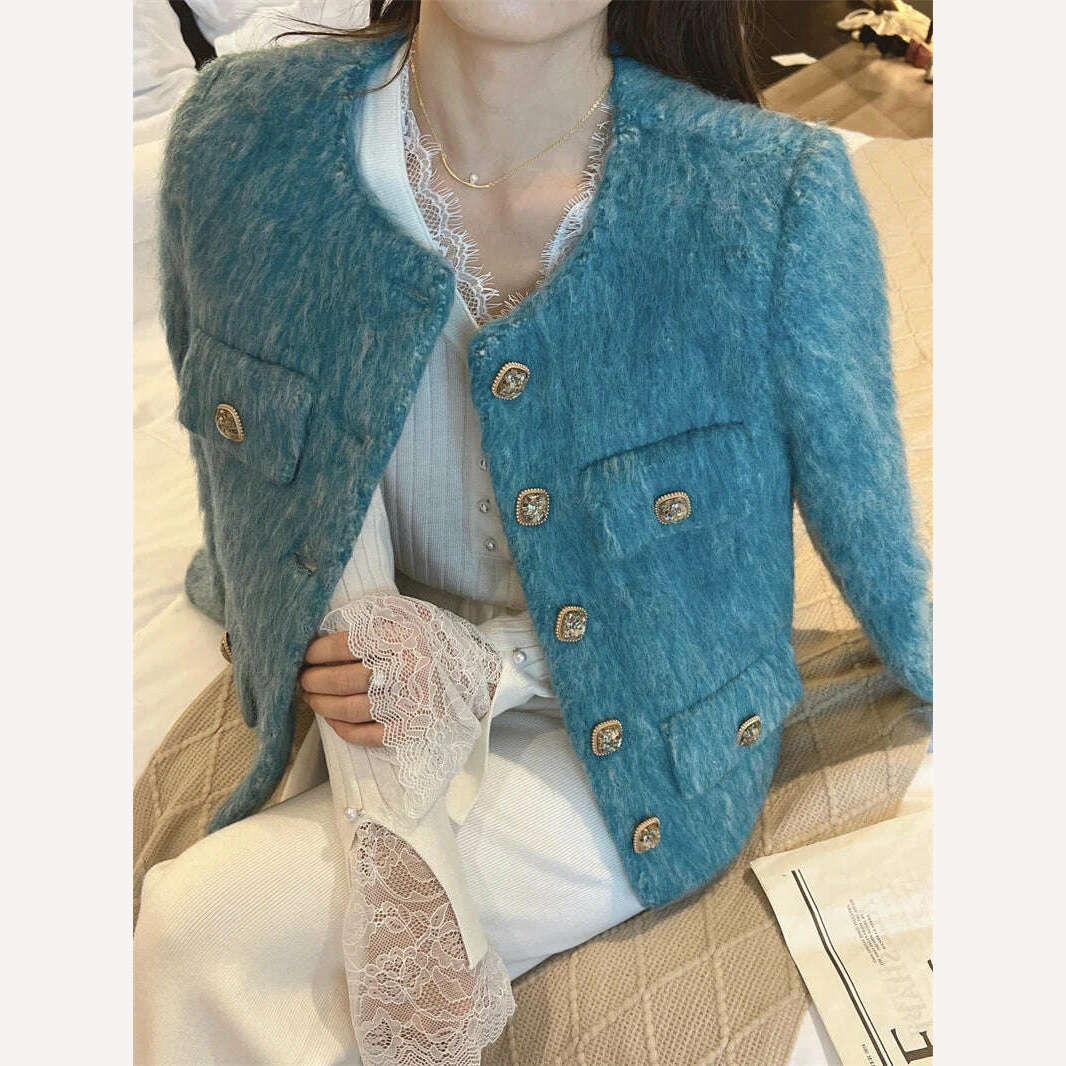 KIMLUD, High Quality Luxury Blue Woolen Jacket Coat 2023 New Autumn Winter Women O Neck Single Breasted Thick Warm Short Outwear Fashion, KIMLUD Womens Clothes