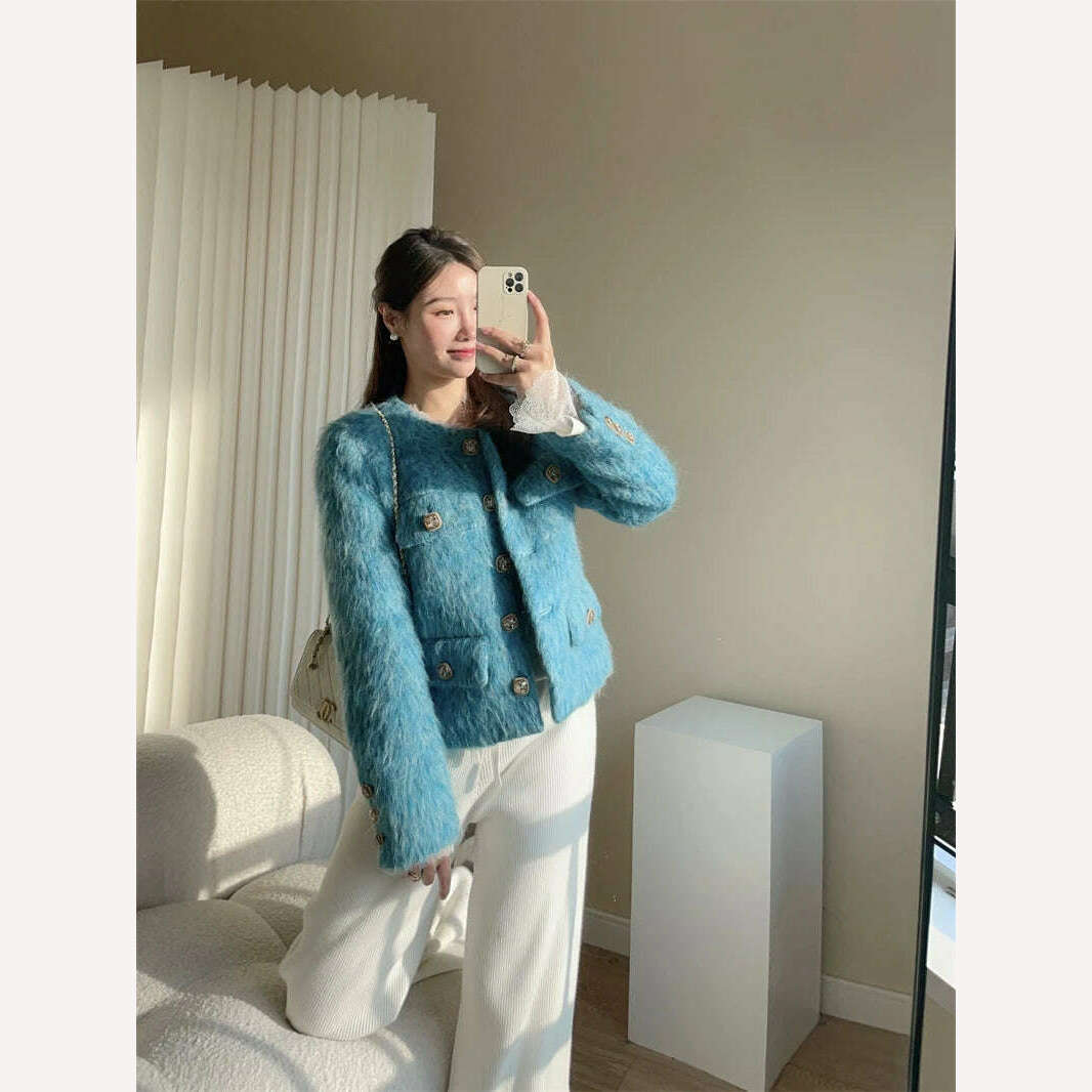 KIMLUD, High Quality Luxury Blue Woolen Jacket Coat 2023 New Autumn Winter Women O Neck Single Breasted Thick Warm Short Outwear Fashion, KIMLUD Womens Clothes