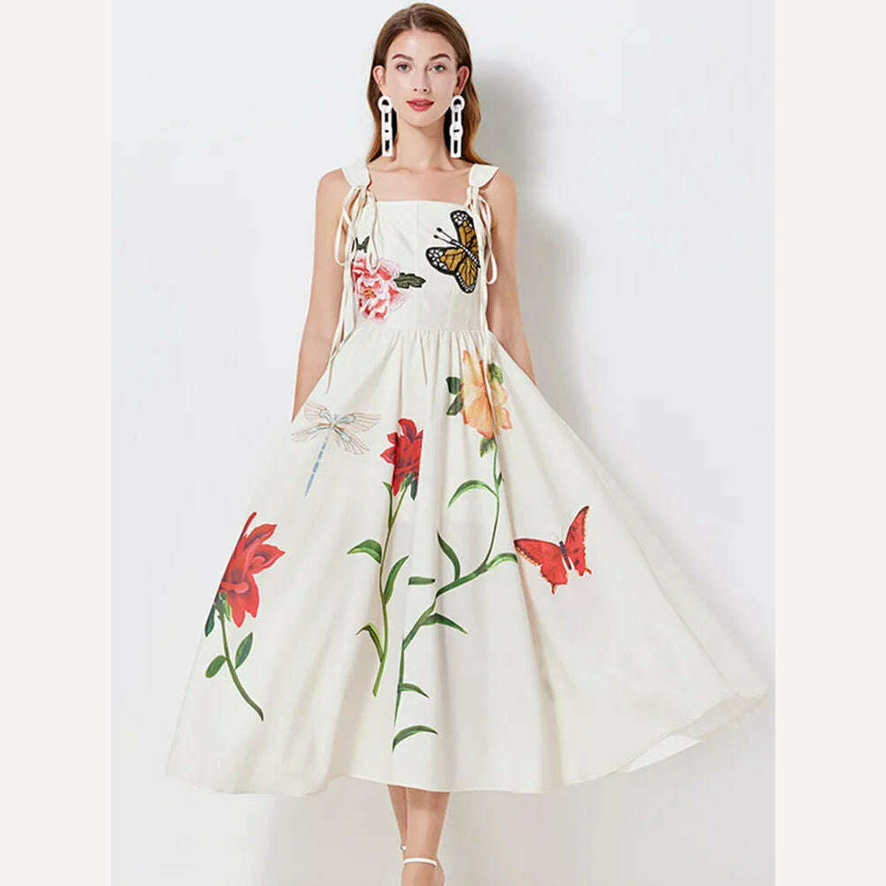 High Quality Luxury Design Lace Up Butterfly Flower Embroidery Dress Women Print Spaghetti Strap Slim High Waist Long Dresses - KIMLUD