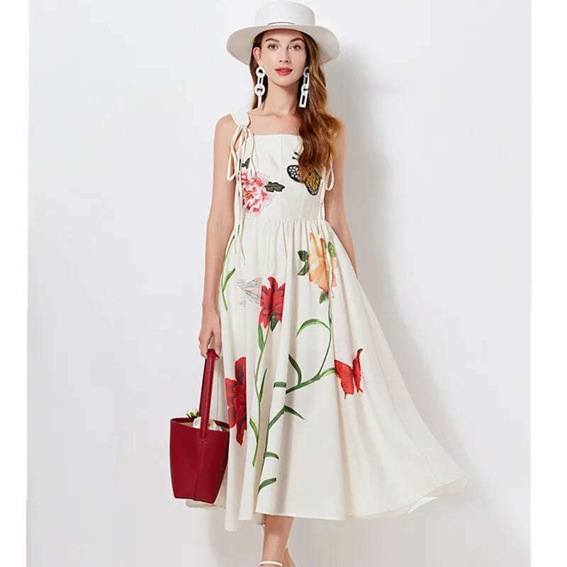 High Quality Luxury Design Lace Up Butterfly Flower Embroidery Dress Women Print Spaghetti Strap Slim High Waist Long Dresses - KIMLUD