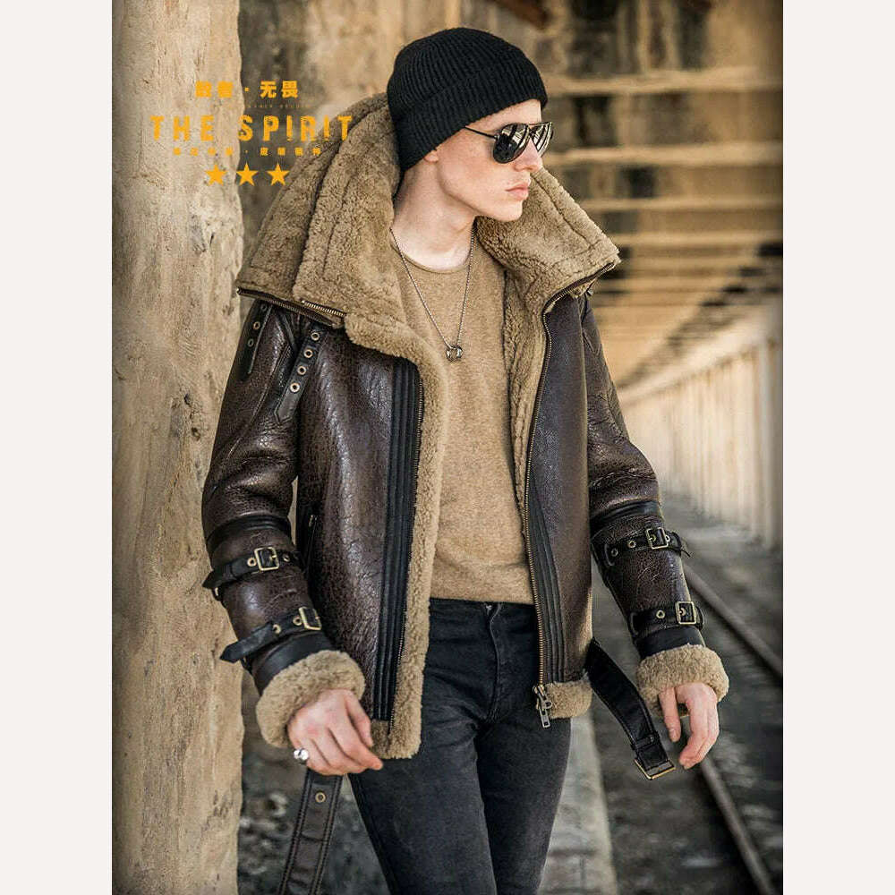 KIMLUD, High Quality Men Genuine Leather Coat Natural Shearing Sheepskin Jacket for Male Wool Liner Double Layer Collar Motor Pilot 7XL, KIMLUD Womens Clothes