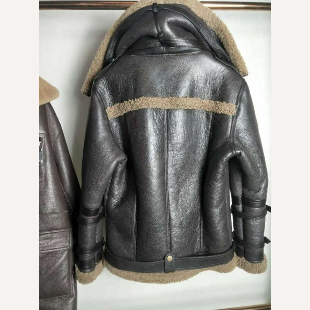 High Quality Men Genuine Leather Coat Natural Shearing Sheepskin Jacket for Male Wool Liner Double Layer Collar Motor Pilot 7XL - KIMLUD