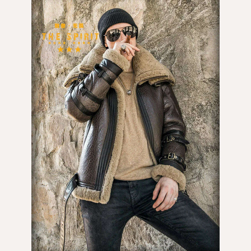 High Quality Men Genuine Leather Coat Natural Shearing Sheepskin Jacket for Male Wool Liner Double Layer Collar Motor Pilot 7XL - KIMLUD