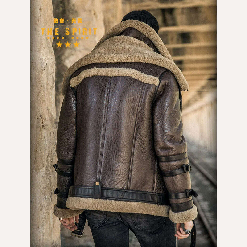 High Quality Men Genuine Leather Coat Natural Shearing Sheepskin Jacket for Male Wool Liner Double Layer Collar Motor Pilot 7XL - KIMLUD