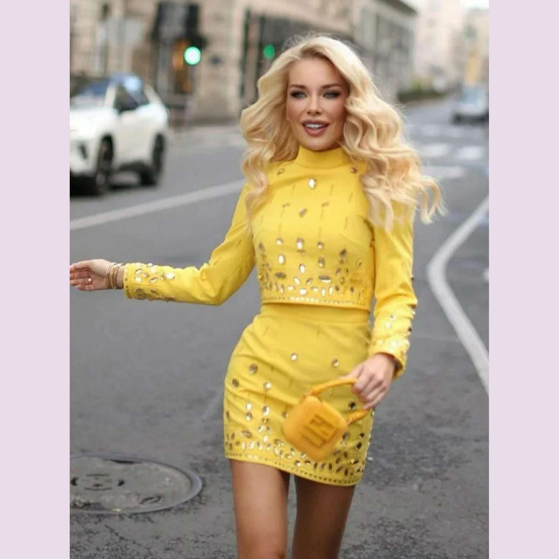 KIMLUD, High Quality  New Fashion Women's Heavy Industry Crystal Beads Slim Fit Yellow Set Sexy Short Top+Dress Party 2 Two Piece Set, KIMLUD Womens Clothes