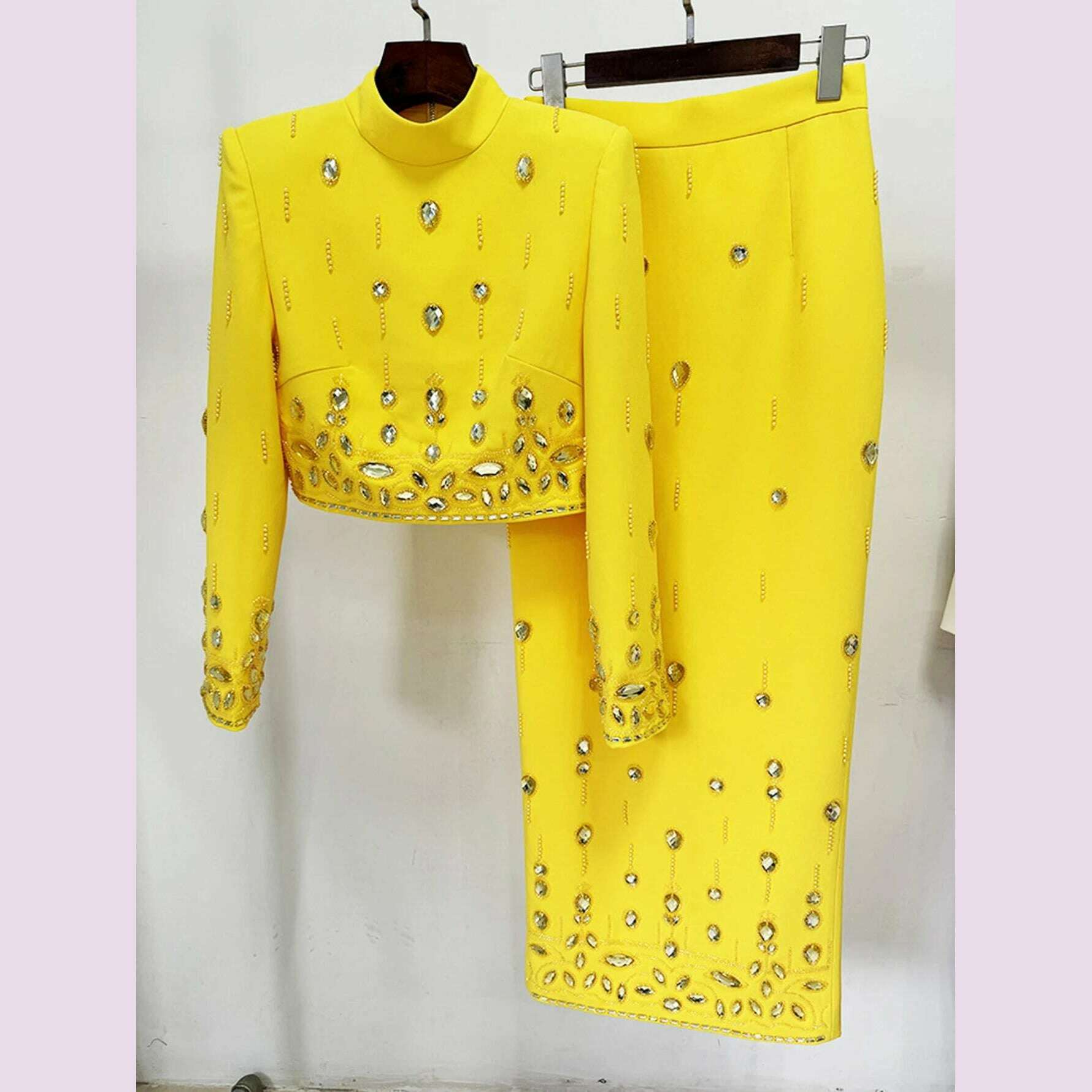 KIMLUD, High Quality  New Fashion Women's Heavy Industry Crystal Beads Slim Fit Yellow Set Sexy Short Top+Dress Party 2 Two Piece Set, Yellow long skirt / L, KIMLUD APPAREL - Womens Clothes